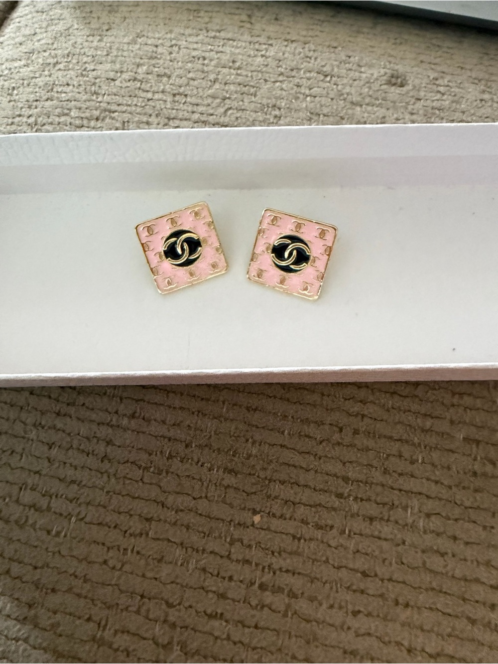 Pink Square Stud Earrings with gold a black accents, NWT